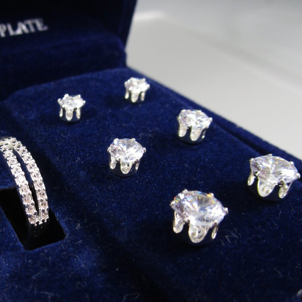 DANECRAFT 4pc Mod/Contemporary Hoop & Stud Silver Plated CZ Earrings Set**NEW! - Picture 4 of 5